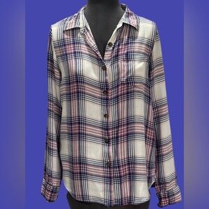 C & C California Pink Blue & White Plaid Button Down Roll Tab Long Sleev…